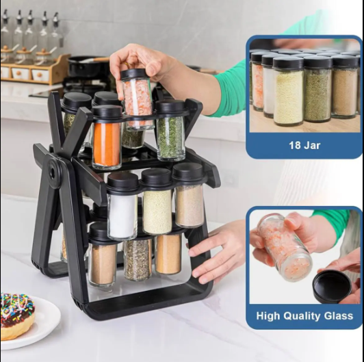 Revolving Rotating Spice Rack Set  With 18 Empty Spice Jars  Kitchen Storage Shelf