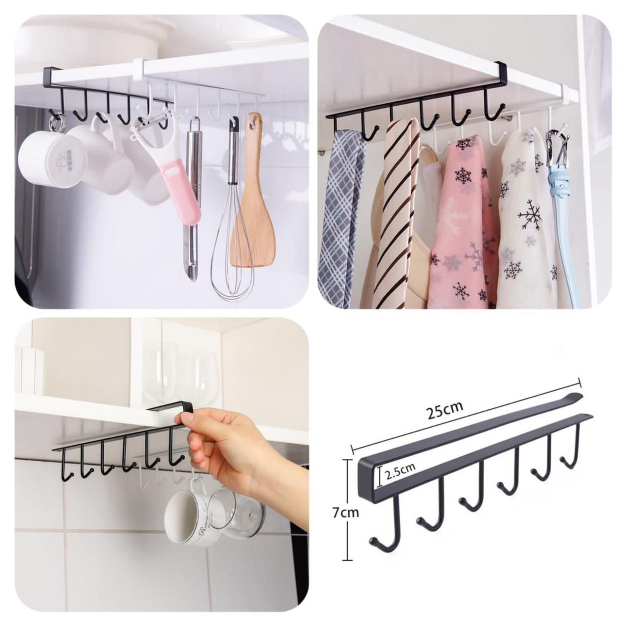 6-Hook Under-the-Shelf Mug Rack Kitchen Hanging Organizer (Random Color)