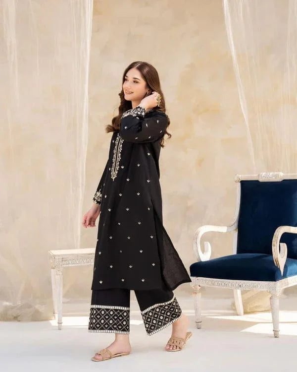 Riwaj Tan 2pc Stitched Suit Embroidered Shirt Premium Lilen (black)